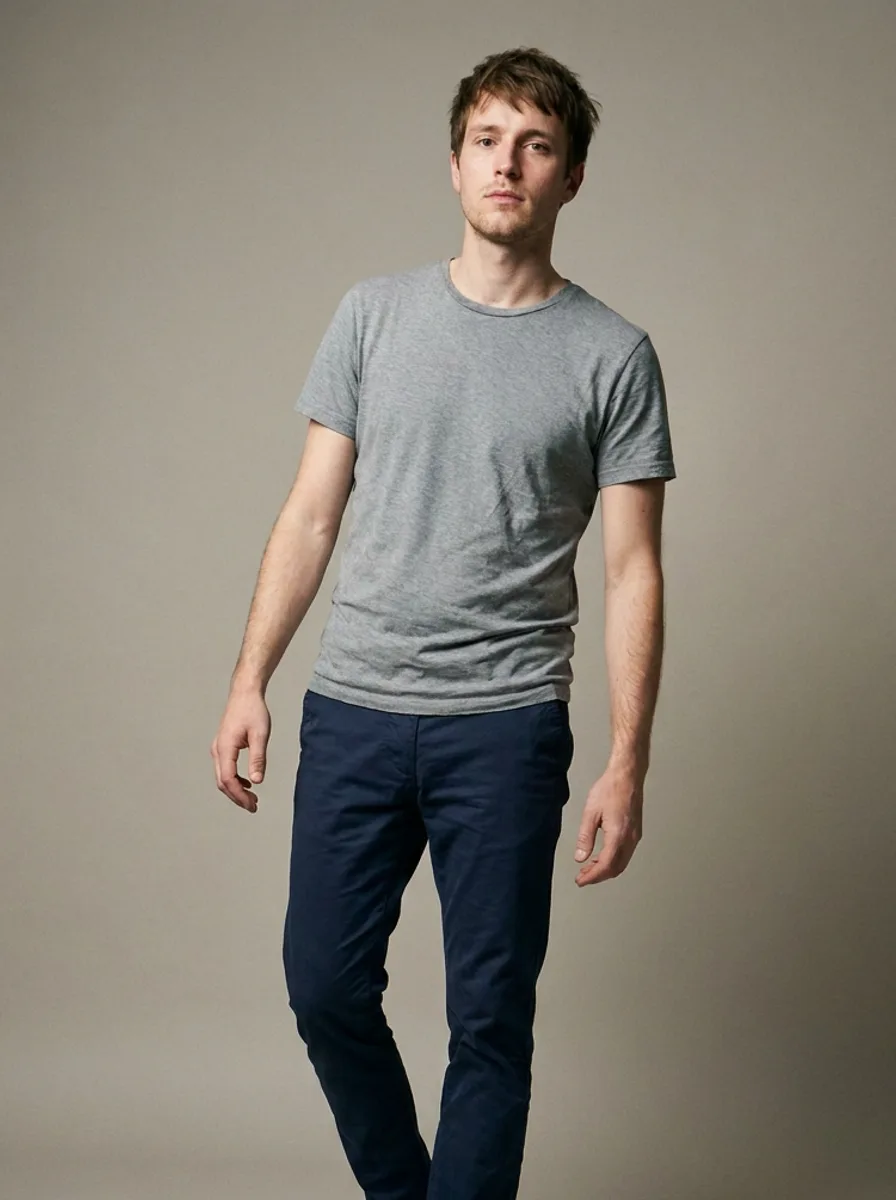 A man in a plain grey t-shirt, and the same photo with a cream cable-knit jumper tried on.