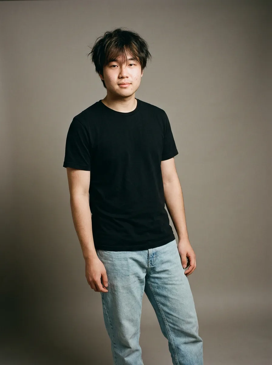 A man in a plain black t-shirt, and the same photo with a forest-green corduroy overshirt tried on.